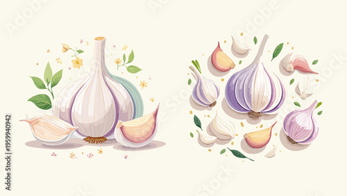 Vector illustrations of fresh garlic bulbs and cloves with delicate leaves, emphasizing their natural beauty and culinary essence for various design projects