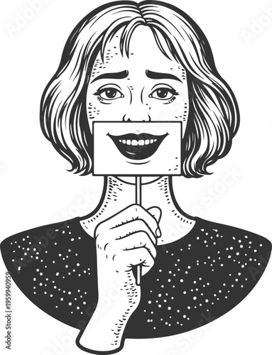 Woman Holding Fake Smile Mask Covering Emotions Vintage Illustration