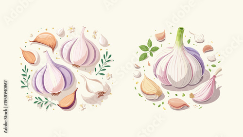Vibrant illustrations of fresh garlic bulbs and individual cloves, artfully arranged with subtle green accents, ideal for culinary and health-related designs