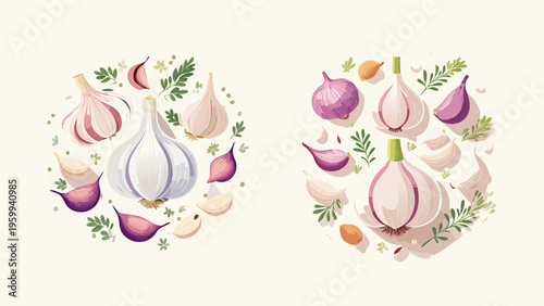 Vibrant circular arrangements showcasing fresh garlic bulbs, individual cloves, and aromatic green herbs, ideal for culinary themes, healthy eating, and natural cooking ingredient concepts