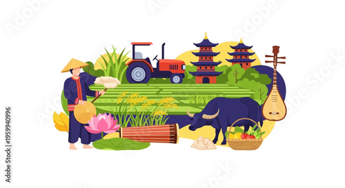 Asian Agriculture & Culture Scene: Rice Farming with Farmer, Water Buffalo, Tractor, Pagodas, Lotus, and Traditional Instruments in Paddy Fields