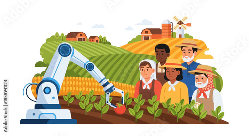 Smart Agriculture: Robotic Arm Harvesting with Diverse Farmers Showcasing Future Farming Technology & Innovation