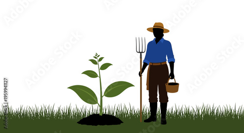 Farmer or Gardener Silhouette with Young Plant and Tools: Agriculture, Growth, Sustainability