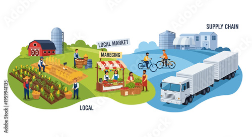 Local Market vs. Global Supply Chain - Farm to Table Logistics and Sustainable Food Systems Illustration