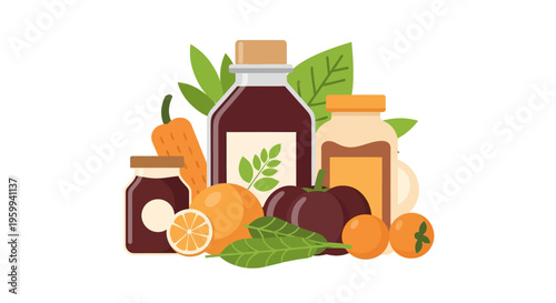 Natural Health Supplements and Fresh Organic Ingredients Flat Illustration