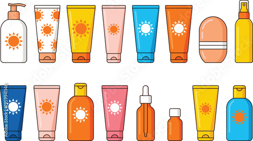 Sunblock cream and sunscreen bottle vector set, summer skincare protection icons for health beauty