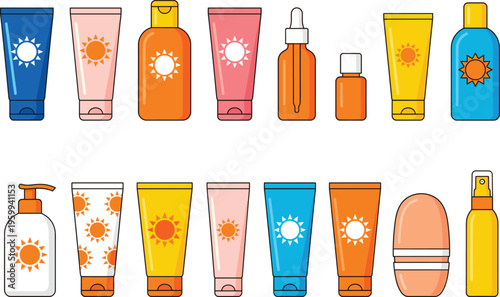 Sunscreen and sunblock cream tube set, flat vector illustration for summer skin care protection,