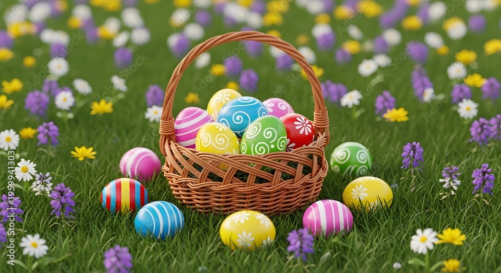 Fototapeta premium Easter sunday celebration with colorful eggs in a basket on a flower field