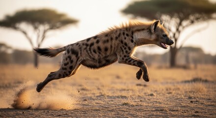 Spotted hyena running in savannah landscape.