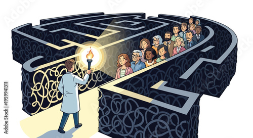 Man holding torch leading people through large maze with intricate design isolated on white background