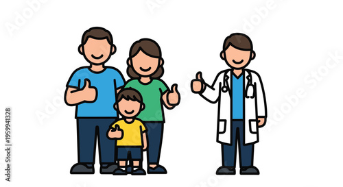 Family and doctor giving thumbs up together in colorful illustration isolated on white background