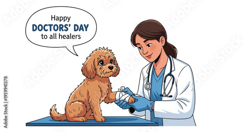 Female veterinarian examining dog on table with bandage isolated on white background