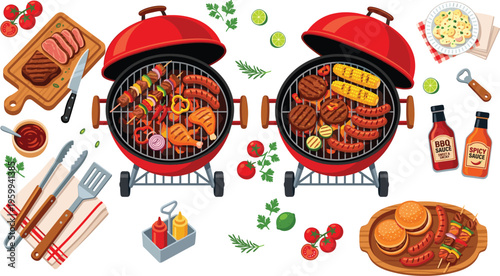 Barbecue grill and summer food vector set, BBQ party icons for outdoor cooking celebration