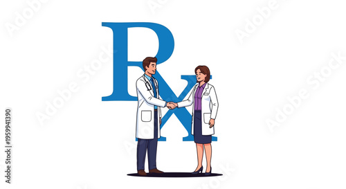 Doctors shaking hands in front of large blue Rx symbol vector graphic isolated on white background