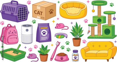 Comprehensive Cat Care Essentials Collection with Pet Carrier, Food, Toys, Tree, Litter Box, and Grooming Accessories Vector