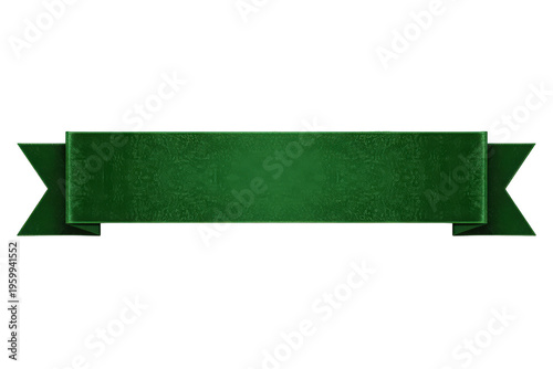 Blank green banner ribbon featuring a textured surface and swallowtail ends, ready for customization. Transparent background