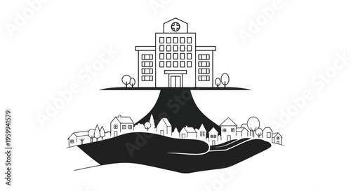 Minimalist illustration of a large building hovering above a town isolated on white background