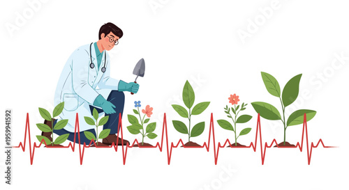 Doctor tending plants with stethoscope around neck isolated on white background