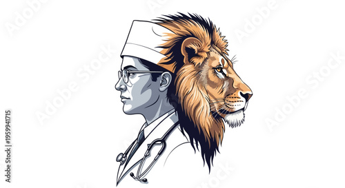 Doctor nurse head with lion head logo symbol illustration isolated on white background
