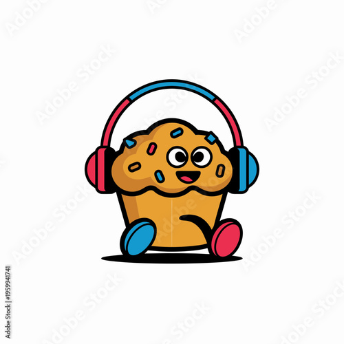 Happy cartoon muffin character wearing large colorful headphones enjoying music isolated on white background vector illustration featuring vibrant sprinkles and cute face
