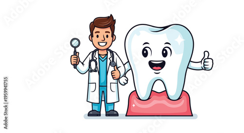 Smiling cartoon dentist and tooth character giving thumbs up isolated on white background