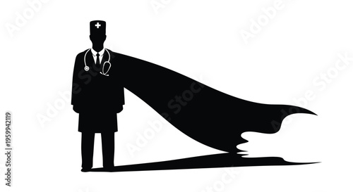 Black silhouette of a doctor wearing a cape and stethoscope standing against a in a illustration isolated on white background