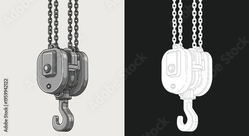 A detailed illustration of a block and tackle pulley system with a hook, presented in both a shaded and line art style.