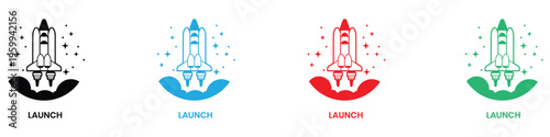 Four stages of rocket launch infographic with flame and smoke effects on white background