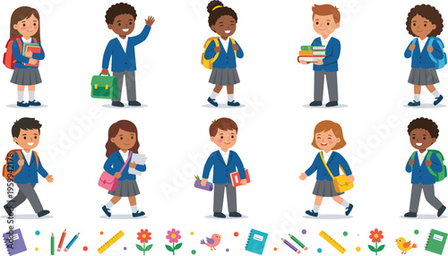 Diverse school children in blue uniforms with backpacks and books, cartoon vector illustration.