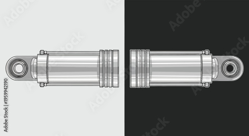 Two identical hydraulic cylinders are shown side-by-side, one on a light background and the other on a dark background.