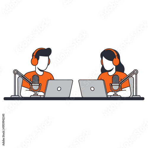 Minimalist vector illustration of podcast hosts speaking into microphones with headphones on