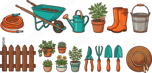 Collection of various gardening equipment, potted succulents, wheelbarrow, and outdoor tools vector illustration.