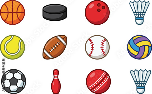 Collection of various colorful sports balls, equipment, and gear in flat vector illustration.