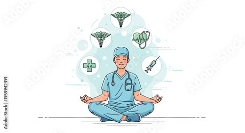 Male doctor meditating with medical symbols floating around him in blue tones isolated on white background