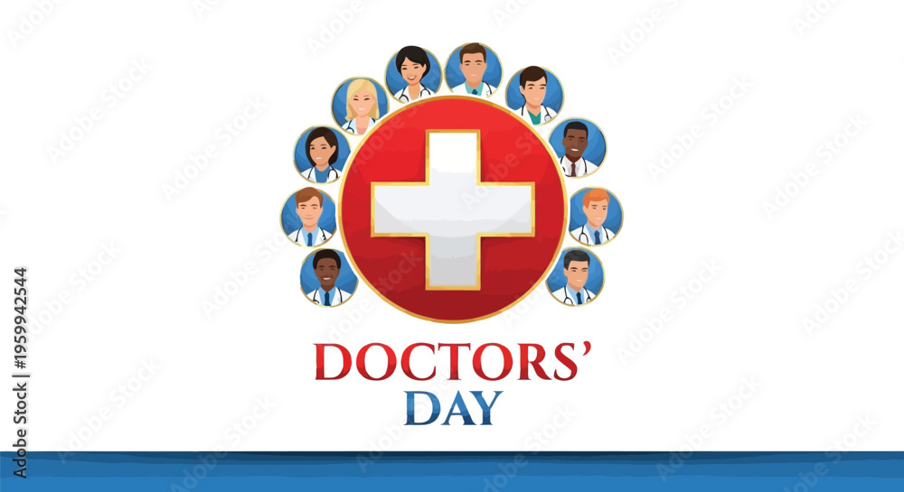 Fototapeta premium Doctors' Day logo with diverse doctors around red cross symbol isolated on white background