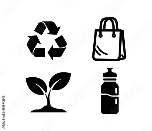 Collection of eco-friendly icons representing sustainability, recycling, and environmental awareness with a reusable water bottle, plant sprout, and shopping bag