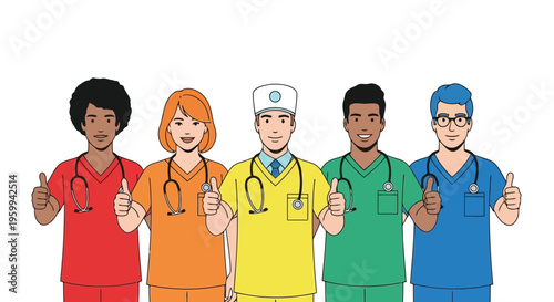 Five diverse medical professionals giving thumbs up in colorful scrubs and stethoscopes isolated on white background