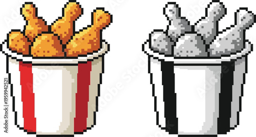 Pixel art illustration of two buckets of fried chicken, one in full color with golden-brown chicken and a red-striped bucket, and the other in grayscale with gray chicken and a black-striped bucket.