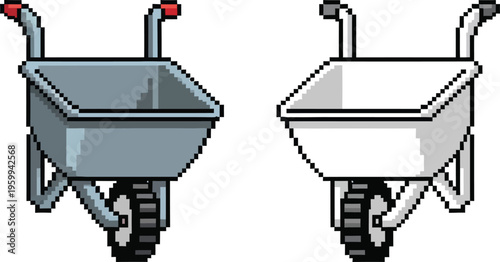 Pixel art illustration of two wheelbarrows, one grey and one white, commonly used for gardening and construction tasks.
