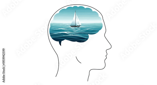 Human head silhouette with sailboat on water in thought bubble illustration isolated on white background