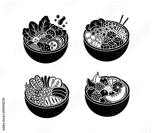 A diverse collection of healthy food bowls, showcasing fresh and nutritious ingredients, customizable meal options, vibrant salads, and delightful fruit mixes in a clean graphic illustration style