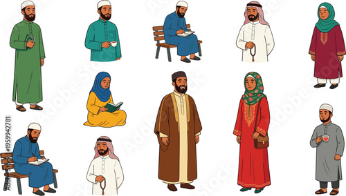 Diverse collection of Muslim men and women in traditional clothing reading, praying, and sitting