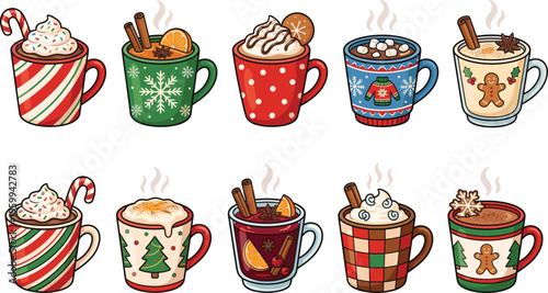 Collection of Christmas winter drinks including hot chocolate, mulled wine, and coffee with marshmallows