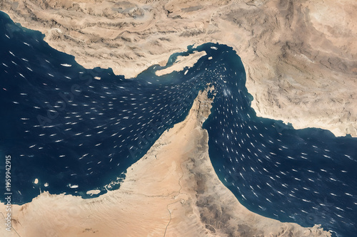High Resolution Satellite View of Strait of Hormuz with Dense Oil Tanker Traffic and Global Shipping Routes