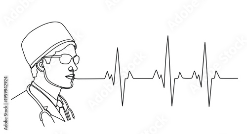 Female doctor wearing glasses and cap with stethoscope around neck looking at ECG monitor line graph on hospital setting isolated on white background