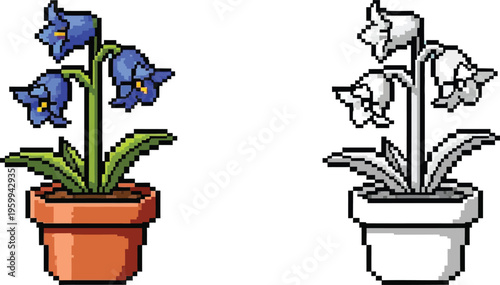 Pixel art illustration of a potted plant with blue bell flowers and a black and white outline version.