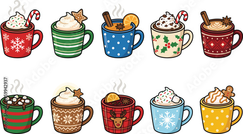 Collection of Christmas winter mugs with hot chocolate cocoa mulled wine and whipped cream
