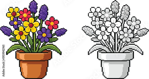 Pixel art illustration of a potted plant with colorful flowers next to a grayscale version, showcasing a vibrant and monochrome comparison of floral arrangements.