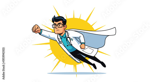 Cartoon doctor superhero flying with cape and stethoscope isolated on white background