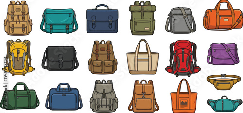 Diverse collection of bags including backpacks messenger bags duffel bags tote bags and fanny packs